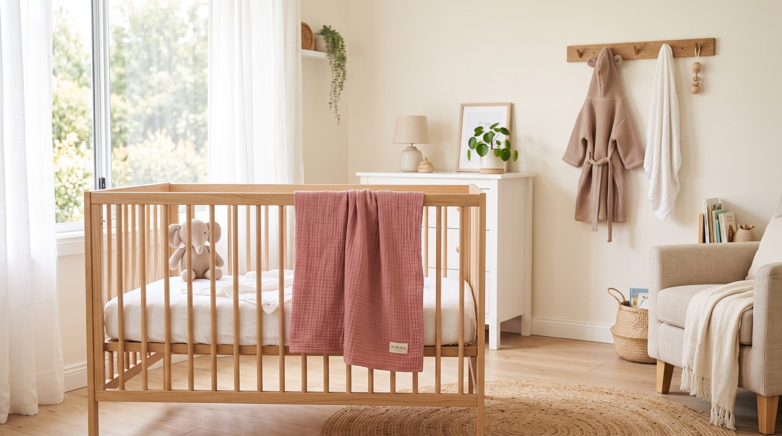Blanket draped over wooden crib - Elroza Collection